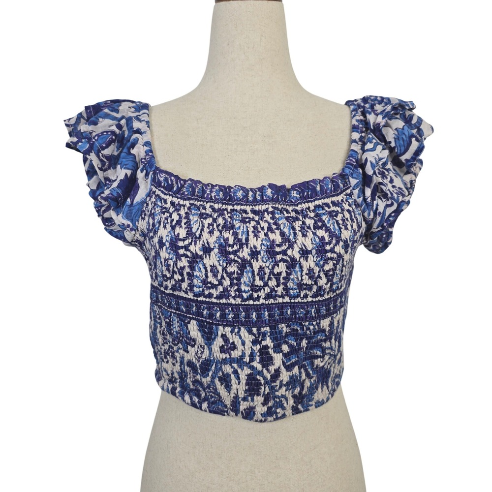 Bell By Alicia Bell Blue White Floral Silk Cotton Smocked Crop XL Puff Sleeve
